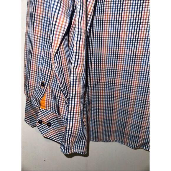 Cote Opera Paris Formal Shirt button down blue orange white gingham size 17 43 L - Picture 5 of 6